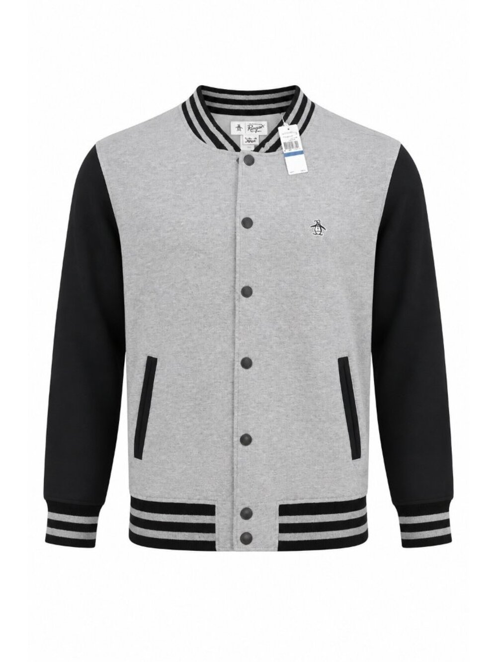 PENGUIN Men's Varsity Gray Black Rib Knit Button Closure Bomber Jacket XL NEW